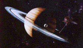 Пионер-11 на фоне Сатурна в представлении художника