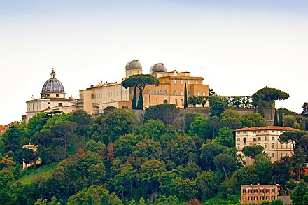 Palace of Castel Gandolfo with the domes of the Vatican Observatory Pontifical palace and Vatican Observatory, Castel Gandolfo.jpg