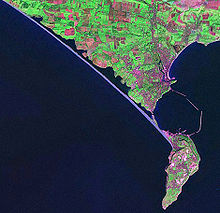 Satellite view of Chesil Beach (linear feature in blue running diagonally NW-SE) from Abbotsbury to the Isle of Portland