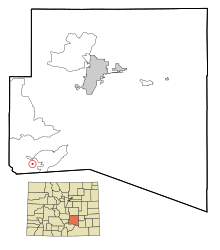 Pueblon kreivikunta Coloradossa Sisällytetyt ja rekisteröimättömät alueet Ruis Highlighted.svg