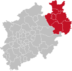 Map of North Rhine-Westphalia highlighting the Regierungsbezirk of Detmold