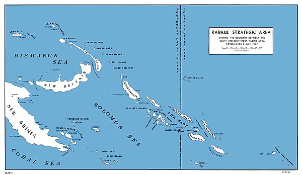 The Solomon Islands area in the south Pacific. The Japanese base at Rabaul is at the upper left. Guadalcanal (lower right) lies at the southeastern en