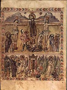The earliest crucifixion in an illuminated manuscript, from the Rabbula Gospels, also shows the resurrection. RabulaGospelsCrucifixion.jpg