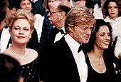 Redford with Melanie Griffith and Sonia Braga, promoting The Milagro Beanfield War at the 1988 Cannes Film Festival Redford Milagro Cannes 1988.jpg