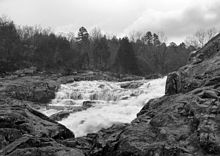 Rocky Falls on Rocky Creek, a tributary of the Current River Rocky Falls ONSR-20130314-045 bw.jpg