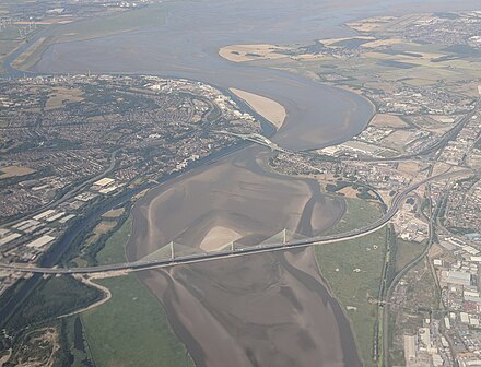Halton from the air showing the two road bridges
