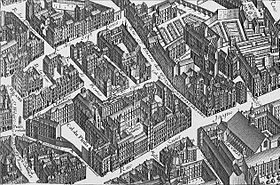 Detail von Turgots Plan, der die Kirche Saint-Étienne-des-Grès zeigt, die sich an der Kreuzung der Rue Saint-Jacques und der Rue Saint-Étienne-des-Grès erhebt.  Im Vordergrund die Kuppel der Sorbonne.