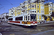 Boeing USSLRV on N Judah in March 1980, shortly after the opening of the Muni Metro San Francisco Boeing LRV at Duboce & Church, March 1980.jpg