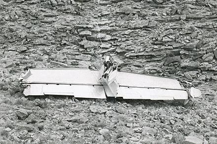 The severed tail assembly of the TWA Constellation with the unique three vertical stabilizers missing, as photographed by park rangers during the CAB investigation