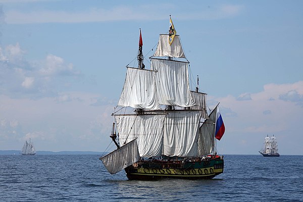 A modern replica of the fleet's first vessel, the 24-gun three-masted frigate Shtandart