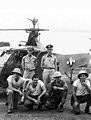 The USAAF team that made the first helicopter MEDEVAC mission in the history flying over the Japanese lines in Burma on 25-26 April 1944. Standing on the left in front of Sikorsky YR-4B, the pilot Lt. Carter Harmon.