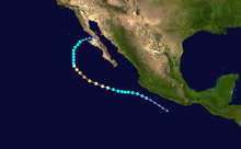 A track map of the path of a powerful hurricane off the Pacific coast of Mexico