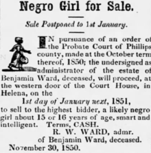 An ad placed in the Southern Shield of Arkansas in 1850, selling a 15 or 16 year old girl Slave sale ad, 1850.png
