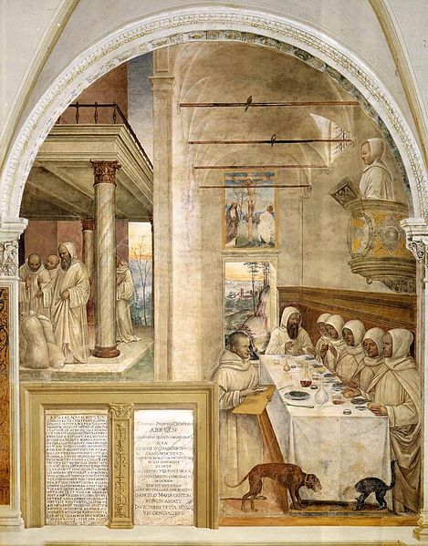 The monks of the order of Saint Benedict (circa 480–542) first dressed in undyed white or gray wool robes, here shown in painting by Sodoma on the life of Saint Benedict (1504). They later changed to black robes, the color of humility and penitence.