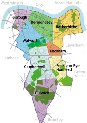 Distrito londinense de Southwark en el mapa