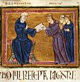 Sfântul Benedict îi înmânează regula lui Maurus, miniatură din anul 1129, Abația Saint-Gilles.