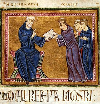 St. Benedikt übergibt seine Regel an St. Magnus und andere Mönche; frz. Miniatur aus einem Manuskript aus 1129
