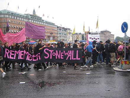 Queer anarchist bloc with banner reading "remember Stonewall"