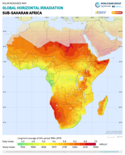 Global Horizontal Irradiation in Sub-Saharan Africa Sub Saharan Africa GHI Solar-resource-map GlobalSolarAtlas World-Bank-Esmap-Solargis.png