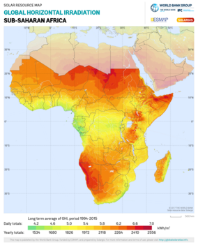 Global Horizontal Irradiation in Sub-Saharan Africa. Sub Saharan Africa GHI Solar-resource-map GlobalSolarAtlas World-Bank-Esmap-Solargis.png