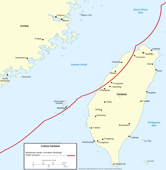 中国大陆地对空导弹在台湾海峡的覆盖范围