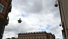 Surveillance camera mounted on the walls of Rosenbad, one of the Swedish's government buildings in central Stockholm, which houses the Prime Minister's office. One of the parliament's (Riksdagen) building can be seen in the background. SurveillanceCamera2.jpg