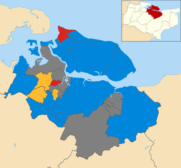 Map of the results of the 2003 Swale Borough Council election. Conservatives in blue, Labour in red and Liberal Democrats in yellow. Wards in dark grey were not contested in 2003. Swale UK local election 2003 map.svg