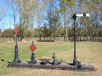 Several different styles of old American switch stands on display at the Mid-Continent Railway Museum in North Freedom, Wisconsin