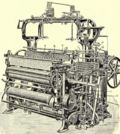 Tkací stroj se vzorovacími člunky na zatkávání útkvých vzorů (swivel weave) z konce 19. století