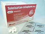 Čeština: Telmisartan-ratiopharm, hromadně vyráběný léčivý přípravek, 1 tableta obsahuje 80 mg telmisartanu. Výrobce Teva. English: Telmisartan-ratiopharm, proprietary medicinal product, 1 tablet contains 80 mg of telmisartan. Manufacturer Teva.