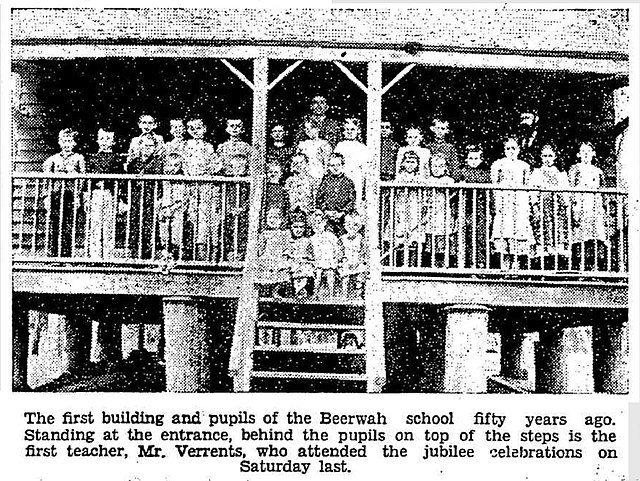 The first building and pupils of the Coochin Creek Provisional School (later Beerwah State School), 1888