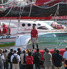 Thomas Coville on trimaran Sodebo arriving in Brest, France the 15th of July 2008. Thomas Coville (Brest 2008).jpg