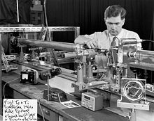 Mike Forrest operates a hand-built laser that is part of a Thomson scattering system used to measure temperatures in ZETA. This became a major diagnostic technique in the fusion field, used to this day. Thompson scattering experiment 1964.jpg