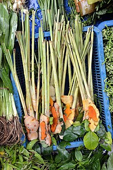 Ready-to-use bundles of lemon grass, galangal, kaffir lime leaves, and, for chicken tom yam, also turmeric, are sold at Thai markets. Tom yam kai ingredients.jpg