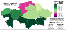 Total Fertility Rate of Kazakhstan by region (2021) Total Fertility Rate of Kazakhstan by region - 2021.svg