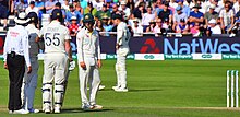 Head fielding during the third test of the 2019 Ashes. Travis Head Jack Leach and Ben Stokes 3rd Test of the 2019 Ashes.jpg