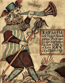 Représentation du dieu nordique Heimdall, qui a inspiré le personnage de Marvel, sur un manuscrit du XVIIIe siècle.