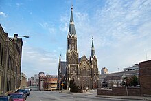 Trinity Evangelical Lutheran Church, located in Milwaukee, Wisconsin, is an example of a building constructed with Cream City brick, though its cream color has been darkened by the elements. Trinity Evangelical Lutheran Church.jpg