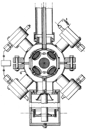 U.S. patent 3,386,883 - Schematic from Philo Farnsworth 1968 patent. This device has an inner cage to make the field, and four ion guns on the outside. US3386883 - fusor.png