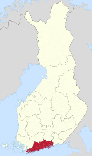 Uusimaa in Red on a map of Finland