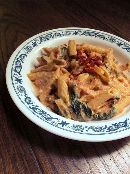 Sun dried tomato used as garnish for the vegan Penne