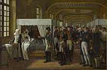 Napoléon auprès d'un blessé dans un hôpital, entouré de ses généraux.