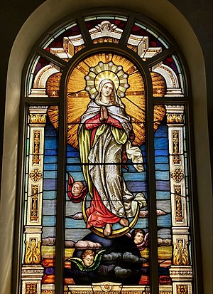 The "woman" is traditionally believed to be the Blessed Virgin Mary whom the Early Church honored as the Queen of Heaven. Prior to the presentation of the woman, John saw a vision of the Ark of the Covenant in heaven. The early Church Fathers saw John's vision of the "woman" right afterward as an indication of Mary as the "Ark of the New Covenant". Mary the Theotokos carried the holy presence of Christ the Word incarnate, the great High Priest, and the bread of life--just as the old Ark of Israel carried the holy presence of God's word (Ten Commandments), Aaron's priestly staff, and the bread from heaven (manna). VirginMaryStainedGlassStJoseph'sBasilica.jpg