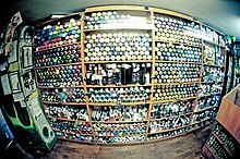 A huge collection of different kinds of spray cans, markers, paints, and inks in the underground graffiti shop. Russia, Tver City, 2011. Vlg shop.jpg