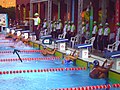 The starting foul (arrowed) in the Women's 200m Backstroke Final. Image: Rico Shen..