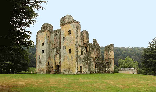 Wardour Castle today from the north, showing the main entrance and the smaller banqueting hall on the right of the main building