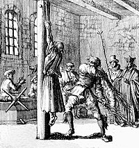 Birching of Anabaptist martyr Ursula, Maastricht, 1570; engraving by Jan Luyken from Martyrs Mirror Whipping of an incarcerated delinquent, Germany 17th century.jpg