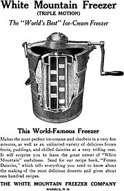 An early example of a hand-cranked ice cream maker WhiteMountainFreezer.jpg