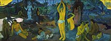 D'où Venons Nous, Que Sommes Nous, Où Allons Nous (Tekst i øverste venstre hjørne: "Hvor kommer vi fra, Hvad er vi, Hvor går vi hen") af Paul Gauguin, 1897-1898. Olie på lærred, 139.1×374.6 cm. Museum of Fine Arts, Boston