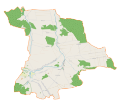 Mapa konturowa gminy Żarnowiec, po prawej znajduje się punkt z opisem „Koryczany”